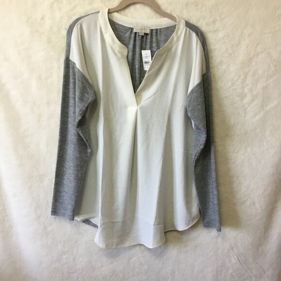 LOFT White Colorblock V-Neck Mixed Media Top - Picture 7 of 8